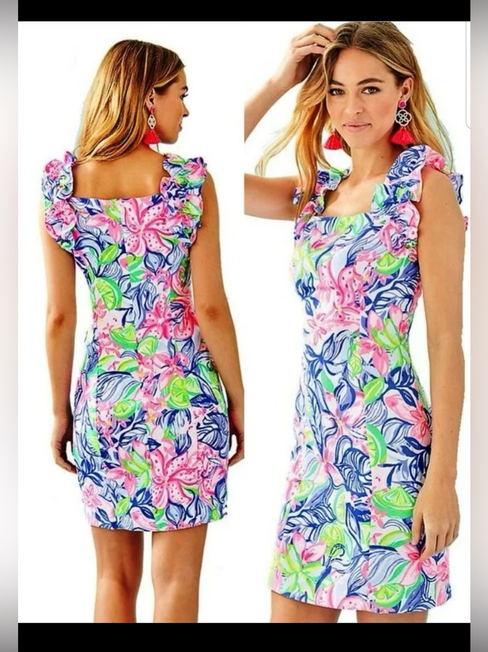 Lilly Pulitzer Multicolor Floral Ruffle Sleeve Shift Dress - Pink, Blue, Green